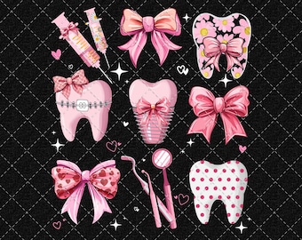 May include: Pink and white tooth illustrations with pink bows, a pink dental tool, and a pink and white toothbrush. The background is black with a white checkered pattern.