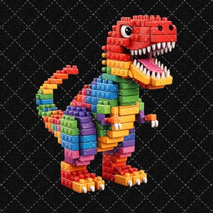 Peut inclure: Une figurine de dinosaure colorée construite avec des blocs de jouets emboîtables. Le dinosaure a une tête rouge, un corps aux couleurs de l'arc-en-ciel et une bouche ouverte avec des dents blanches. Le jouet est sur fond noir.