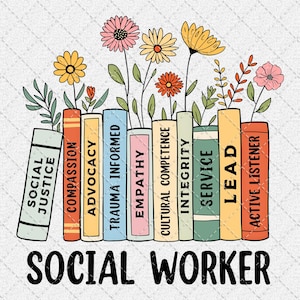 Pode incluir: Uma ilustração colorida de livros com títulos como "Justiça Social" e "Empatia", encimados por flores. A frase "Assistente Social" está escrita em negrito abaixo dos livros. O design tem uma estética vintage e desenhada à mão.