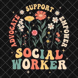 Pode incluir: Um design gráfico colorido com o texto "Apoiar, defender, empoderar, trabalhador social" em uma fonte retrô. O design apresenta um círculo de flores em tons de rosa, amarelo e laranja.