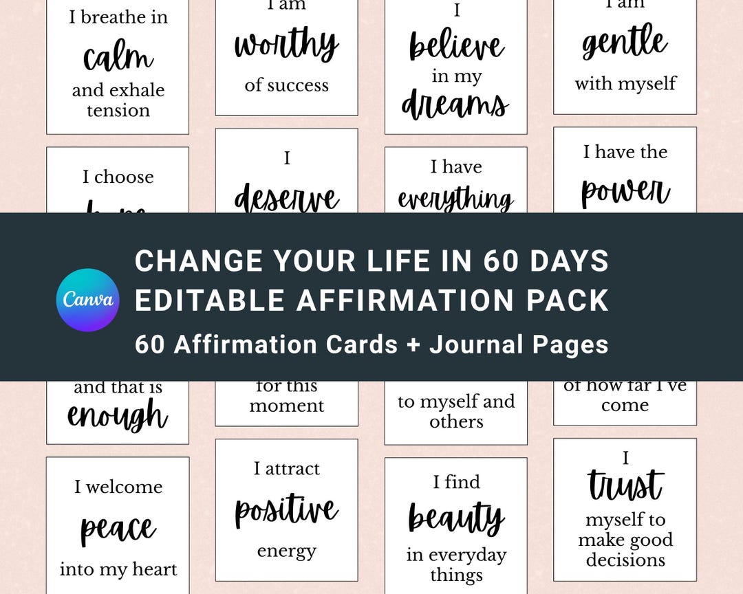 60 Affirmation Card Printable | Editable Positive Self Care | Daily ...