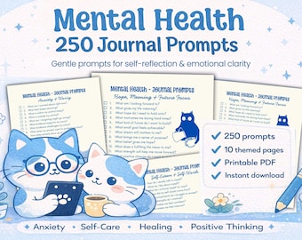 Tijdschrift voor geestelijke gezondheid | 250 zelfzorg- en mindfulnessprompt | Afdrukbaar dagboek voor emotioneel welzijn | Reflectie direct downloaden