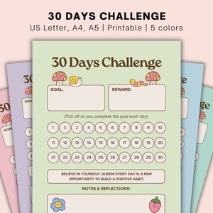30 Days Challenge Chart Printable,Digital 30 Days Habit Tracker, Student Tracker,Fitness Tracker, Water Motivation,cute,US Letter, A4, A5