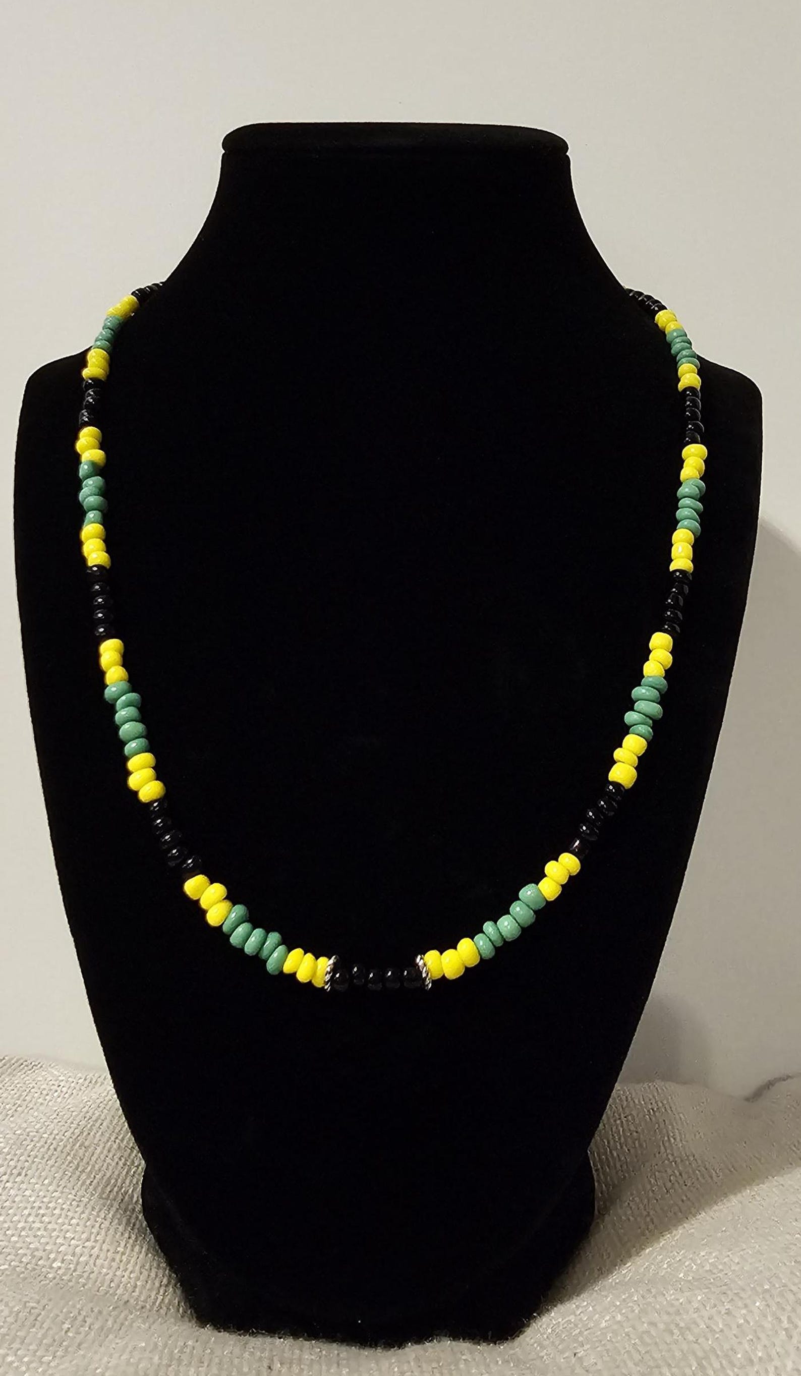 Jamaican Beaded Necklace Set with Black, Green, and Yellow Beads