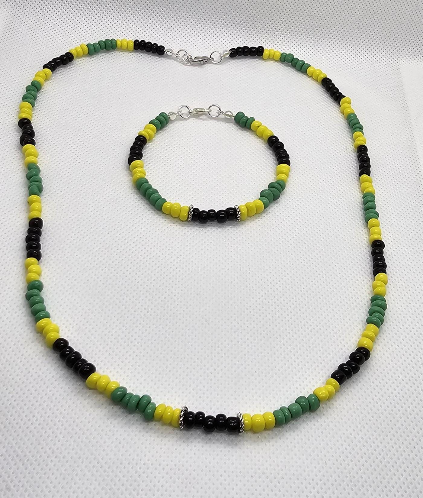 Jamaican Beaded Necklace Set, Black , Green ,yellow Beads - Etsy