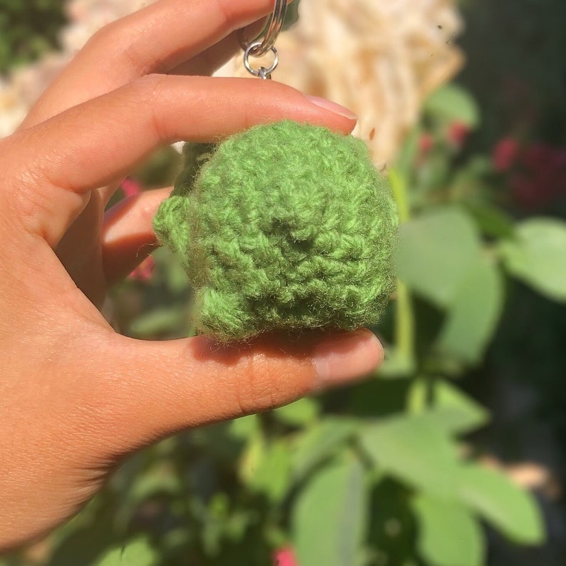 May include: A green crocheted keychain shaped like a small, round creature. The keychain is attached to a silver key ring.