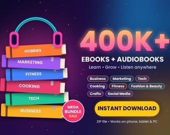 Könnte beinhalten: Eine digitale Grafik mit einem Stapel aus sechs bunten Büchern, gekrönt von einem cyan- und pinkfarbenen Kopfhörer. Der Text lautet 400K+ EBOOKS + AUDIOBOOKS, Learn, Grow, Listen anywhere und INSTANT DOWNLOAD. Kategorien sind Hobbies, Marketing, Fitness, Cooking, Tech und Business.
