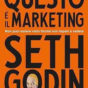 Op de afbeelding: Een boekomslag met de titel "QUESTO E' IL MARKETING" in grote zwarte letters op een oranje achtergrond. De naam van de auteur, "SETH GODIN", staat ook in grote zwarte letters. De ondertitel is "Non puoi essere visto finché non impari a vedere".