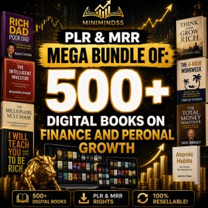 Op de afbeelding: Een advertentie voor een digitaal productpakket met de tekst PLR & MRR MEGA BUNDLE OF: 500+ DIGITAL BOOKS ON FINANCE AND PERSONAL GROWTH. De afbeelding toont diverse boekomslagen, een gouden stierenbeeld en digitale apparaten tegen een donkere achtergrond.
