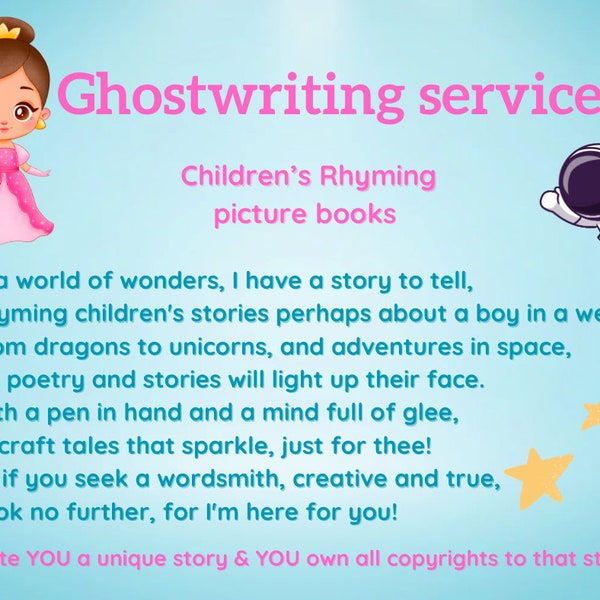 Ghostwriter for children's book Rhyming story  Writing services for your ebook ghostwriting picture book for self publishing short story