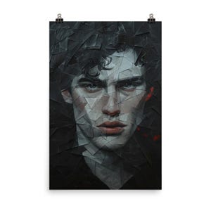 Unique Abstract Male Portrait Poster - Modern Cubist Style Art - Mixed Media Mosaic Artwork - Contemporary Geometric Face Illustration