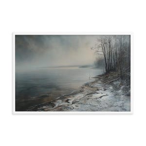 Tranquil Winter Lakeside Framed Art Print | Serene Forest Shore Wall Decor | Misty Lake | Nature Landscape Home Decor