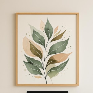 Gedämpftes grünes abstraktes Blatt, Boho Natur-Wand-Dekor, Gelassener organischer Kunst-Download, erdiges botanisches Aquarell-Plakat, Wohnzimmerkunst