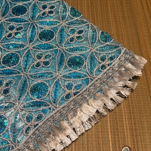 May include: A light blue fabric featuring a silver circular geometric pattern with blue sequins and a silver fringe border. The text @MOYUGBABOTANICA and MOYUGBA are visible. The fabric has a shimmering texture with intricate embroidery details.