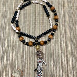 Santa Muerte White Skull Rosary with Wood Beads