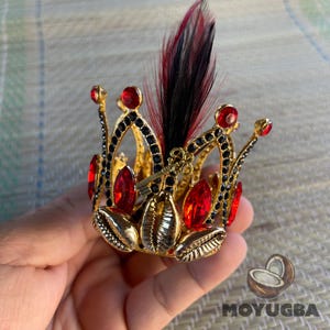 May include: A gold crown with red jewels and a black feather. The crown is decorated with small seashells.