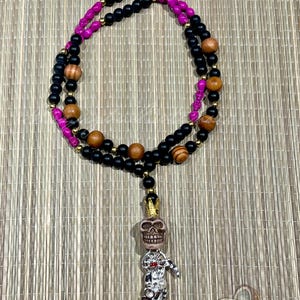 Santa Muerte Fuchsia Pink Rosary with Wood Beads