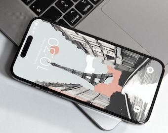 May include: A smartphone displaying a digital clock with the time 10:30 and the date Wednesday, 10 May. The background image is a black and white illustration of the Eiffel Tower in Paris, France.