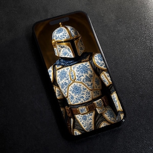 May include: A smartphone displays a detailed image of a Mandalorian character in ornate blue and white porcelain armor with gold accents. The design features floral patterns, a gold helmet, and a brown belt, set against a dark background.