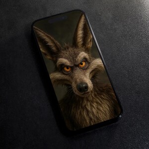 May include: A smartphone displays a detailed image of a coyote with intense orange eyes and brown fur. The coyote's face fills the screen, set against a dark background. The phone is black and rests on a textured black surface.