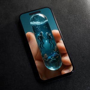 Underwater Divers in Capsule – Surreal Ocean Theme Phone Wallpaper for Android & iOS – Digital Art Download