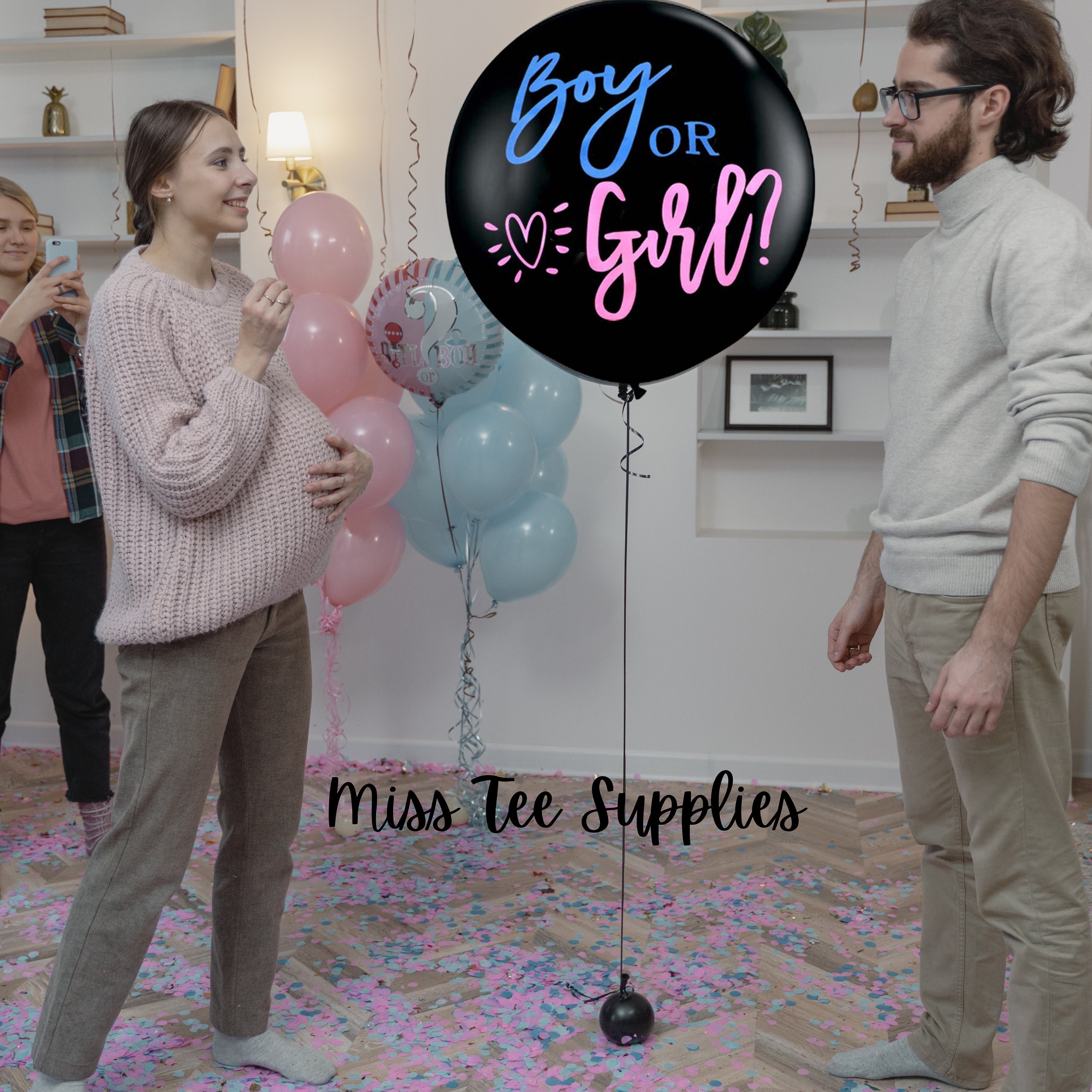 Ballon Gender Reveal XXL 1 Mètre Pour Révéler Le Genre (fille Ou Garçon) - Confettis Roses Et Bleus, Ballon Noir Inscrit "Boy Or Girl", Compatible Air Et Hélium - France Effect