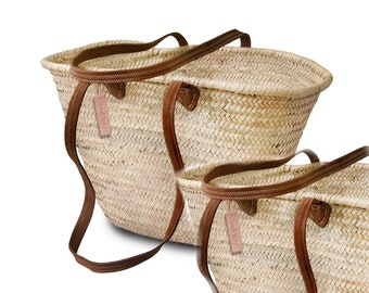Market basket,Moroccan bag, moroccan straw bag, moroccan basket,Natural French Basket Handle leather