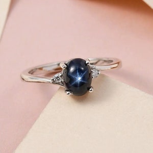 Vintage Blue Lindy Star Ring , Blue Star Sapphire and CZ Ring in Sterling Silver , Lab 6 Rays Star Gemstone, Engagement Ring, Gift For Her