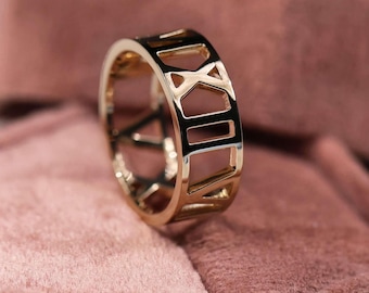Anel de ouro personalizado, anel moderno personalizado com algarismos romanos, anel para data especial, anel personalizado com algarismos romanos, presente de aniversário