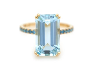Anillo de compromiso de aguamarina, anillo de aguamarina baguette, plata de ley 925, anillo de solitario, anillo de racimo de diamantes, anillo de promesa de apilamiento de oro