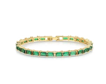 Baguette Emerald Tennis Bracelet/ 14K Gold plated Emerald Bracelet/ Genuine Emerald Bracelet / Stackable Bracelet For Women gift for her