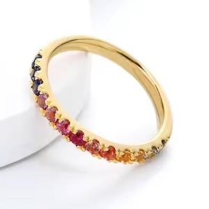 Rainbow Ring Rainbow Sapphire Wedding Band Women Yellow Gold Antique Ring Natural Sapphire Ring Half Eternity Multicolor Boho Stacking Ring