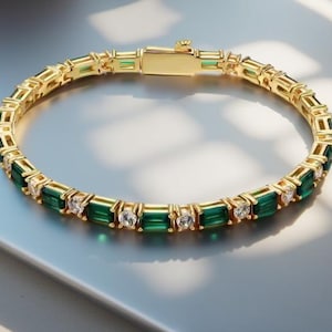 18K Emerald with diamond Tennis Bracelet,14K Gold Emerald Bracelet Genuine Emerald Bracelet,Genuine Emerald Bracelet,Bracelet gift for her