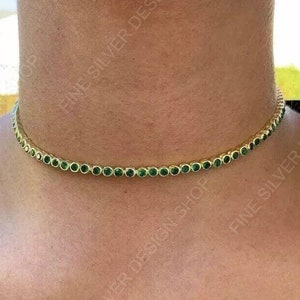 18k Gold Smaragd Runde Tennis-Halskette, Gold Lab Smaragd Runde Tennis-Halskette, grüne Farbhalskette, silberne zierliche Frauen-Halskette für sie