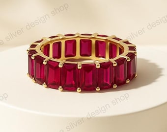 Emerald Cut Ruby Wedding Band: 14kYellow Gold plated Over Sterling silver Full Eternity Ring