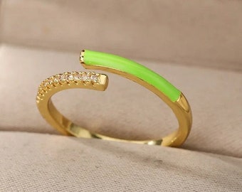 14K Gold plated Colorful Enamel Ring, Multicolor Enamel Band cz  Ring, Enamel Stacking Ring Open Ring Adjustable Ring Pink Green White Neon