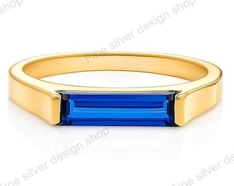 Blue Sapphire Dainty Simple Baguette Stacking Ring, Gold Minimalist Ring, Simple Blue Sapphire Ring, Sterling Silver Ring, Thin Ring
