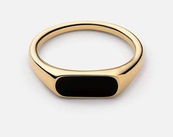 dunne zwarte onyx ring goudvermeil zwarte zegelring | Zegelring 18 kt goudstaaf | ring van zwarte onyx | Vintage gouden ring | cadeau voor iedereen