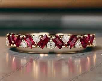 18K gold plated Ruby Wedding Band, Women full Eternity Wedding Band, Ruby Stacking Band, Anniversary Ring, Birthday Gift Ring,Thin  Ring