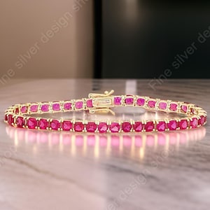 14k Gold Ruby Bracelet, Genuine Ruby Rounds Yellow Gold Bracelet for Women, Gold Ruby Tennis Bracelet, July Birthstone, Anniversary Gift