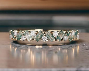 Unique Moss Agate Ring Moss agate Wedding Band Gold Rings Art Deco Eternity Band Moss Agate Matching Rings Personalized Gift For Her