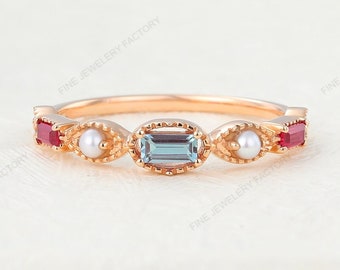 Baguette Alexandrite wedding band rose gold half eternity pearl ring ruby ring Art deco wedding Promise Anniversary ring gift for women