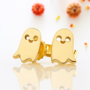 14K Gold zierliche gruselige niedliche Geist-Ohrstecker, glitzernde silberne Geist-Ohrstecker, kleine Geist-Boo-Accessoires, kleiner Halloween-Schmuck für Frauen