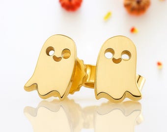 14K Gold Dainty Spooky cute Ghost Stud Earrings, Sparkly Silver Ghost Studs, Tiny Ghost Boo Accessories, Little Halloween Jewelry For Women