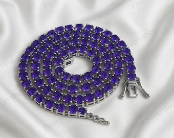 Collar de tenis de zafiro azul redondo de 4 mm hecho a mano, regalo de aniversario para madre y esposa, zafiro azul natural.