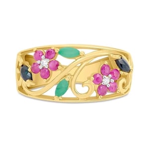 Anello in oro 18k con rubino, smeraldo, zaffiro e diamanti simulati, anello con design floreale unico, elegante anello di fidanzamento con rubino floreale.