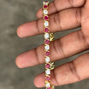 Ruby and White Diamond Tennis Bracelet, Ruby Tennis Bracelet, Diamond Bracelet, yellow Gold Bracelet, Classic Tennis Bracelet, Gift  for mom