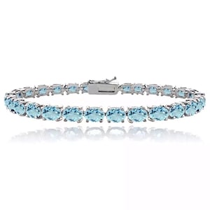 Beautiful Aquamarine Tennis Bracelet , 925 Sterling Silver Natural Round Aquamarine Handmade Chain link Bracelet Gift For Mother Wife Love