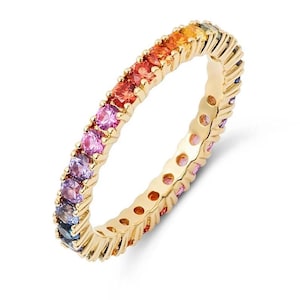 Rainbow Gemstone Ring, Natural Multi Sapphire Band, 14K Gold plated Stack Eternity Band Ring, Real Colored Gemstone Ring, Anniversary Ring