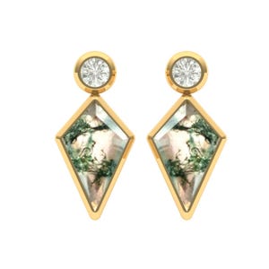 14K Gold Moss Agate Kite Stud Earring/Threadless Push Pin Earring/Kite Earring/Moss Agate Helix Conch Stud Piercing/Flat Back Piercing